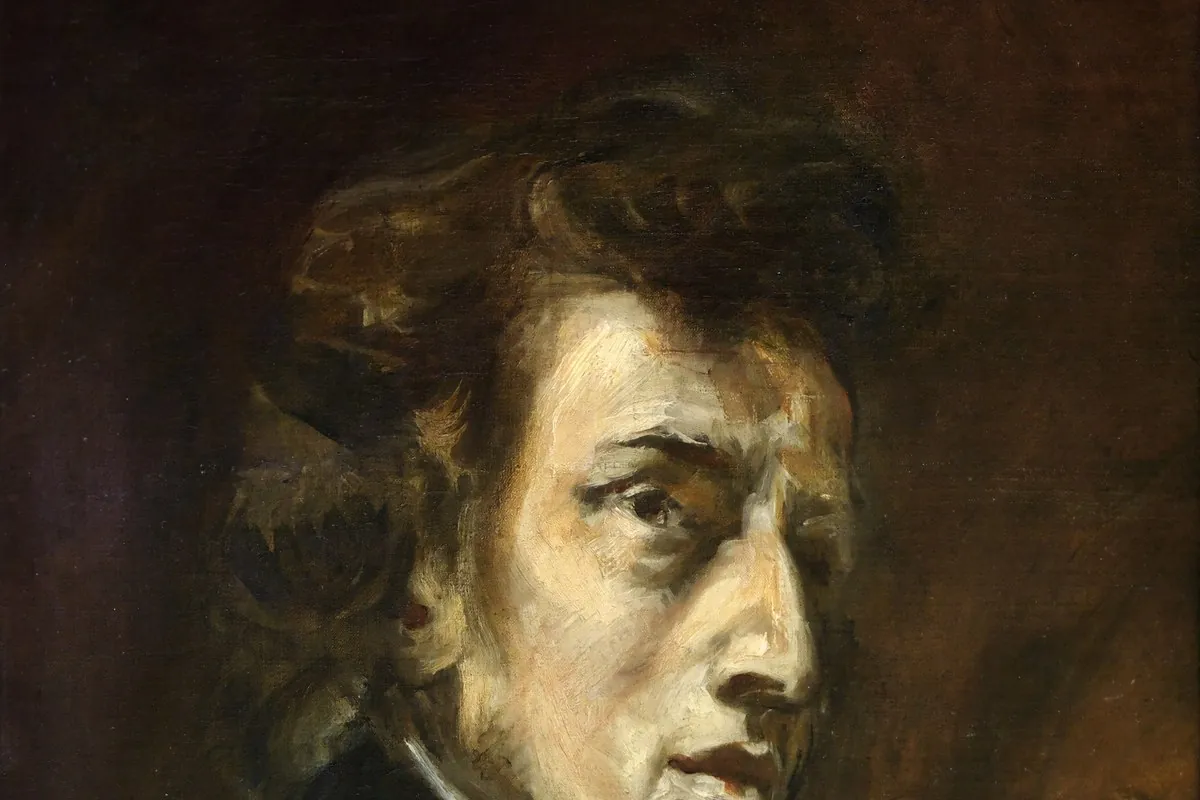 Detail of Delacroix's painted portrait of Chopin: a pale face with dark, wavy hair against a brown background